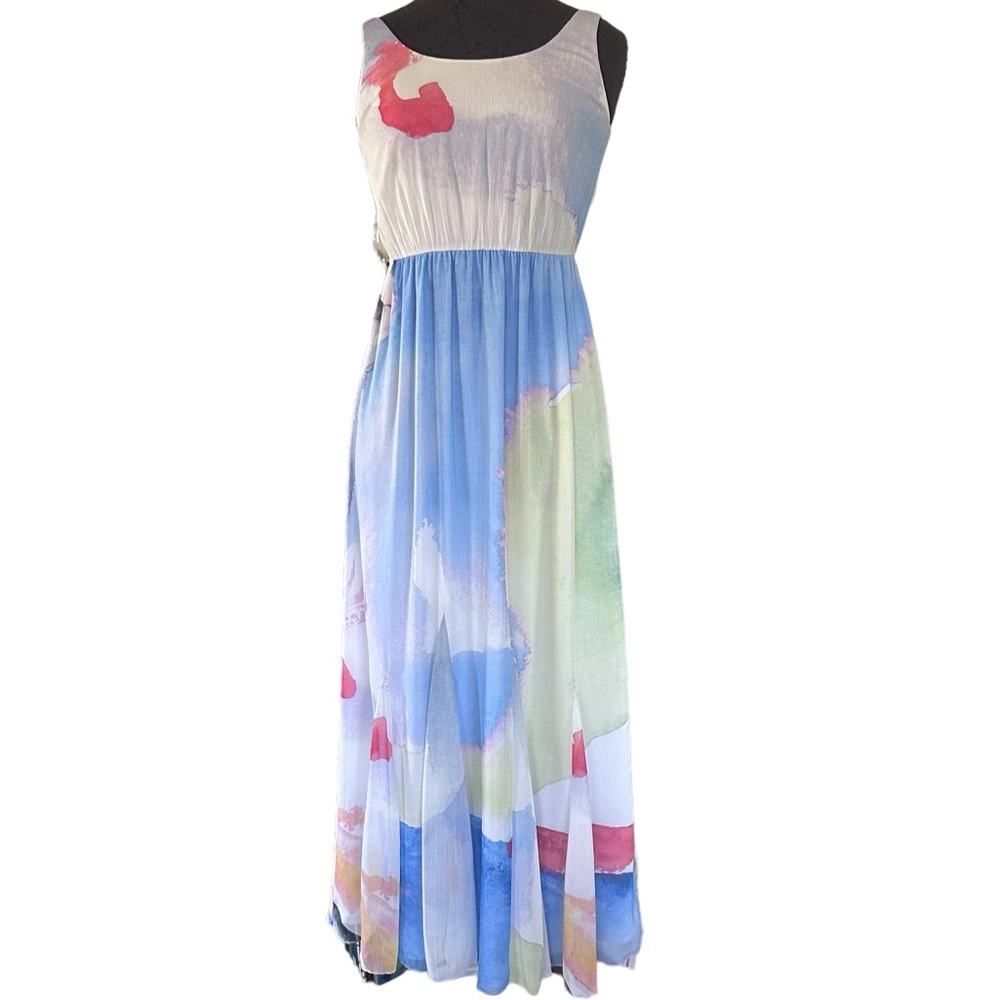 Alice + Olivia Nina Dress Watercolor Maxi Gown Size XS Blue White